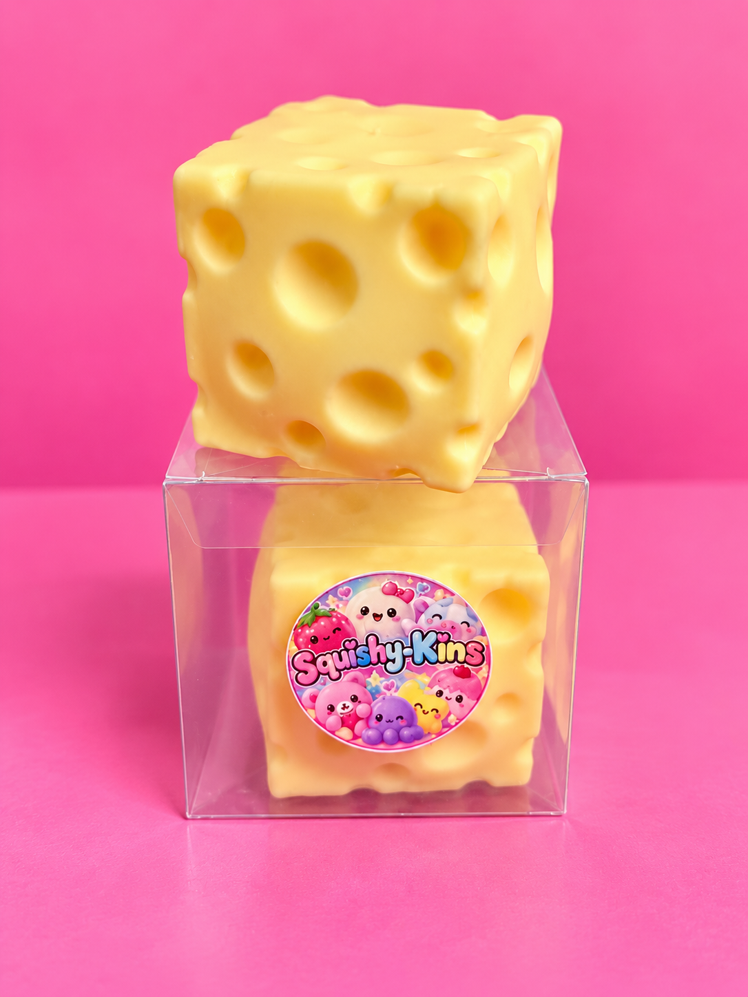 Crunchy Cheese Squishy pink studio background