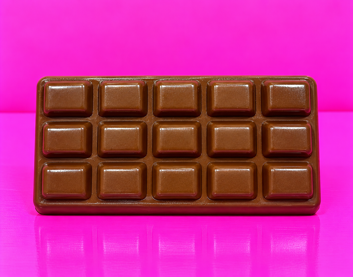Slow Rise Chocolate Bar Squishy on pink background and table
