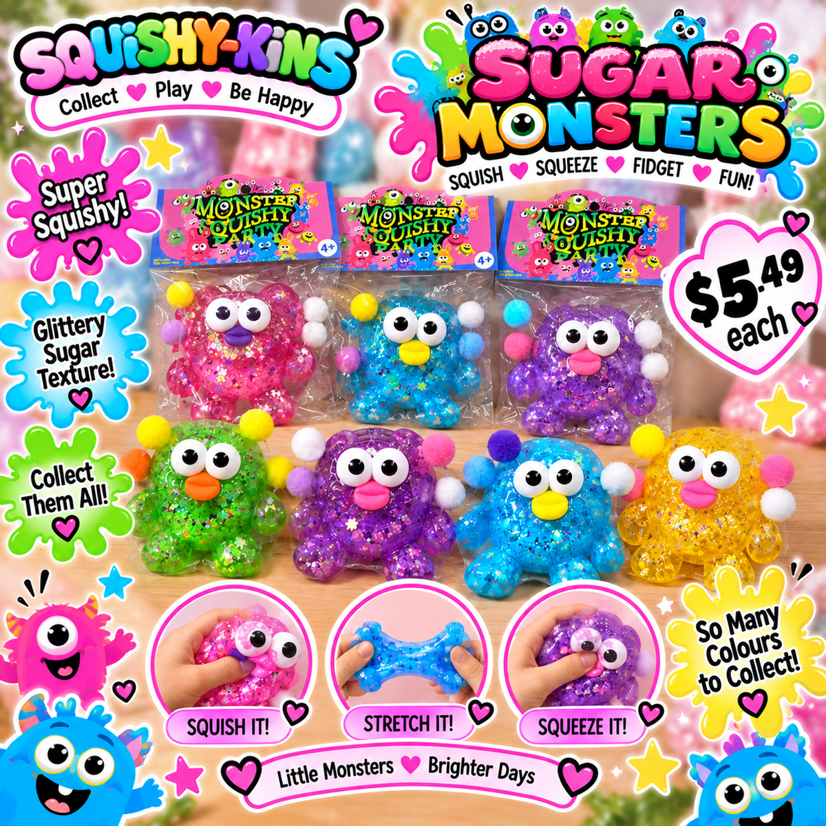 Squishy-Kins Sugar Monsters glittery sugar texture squishies